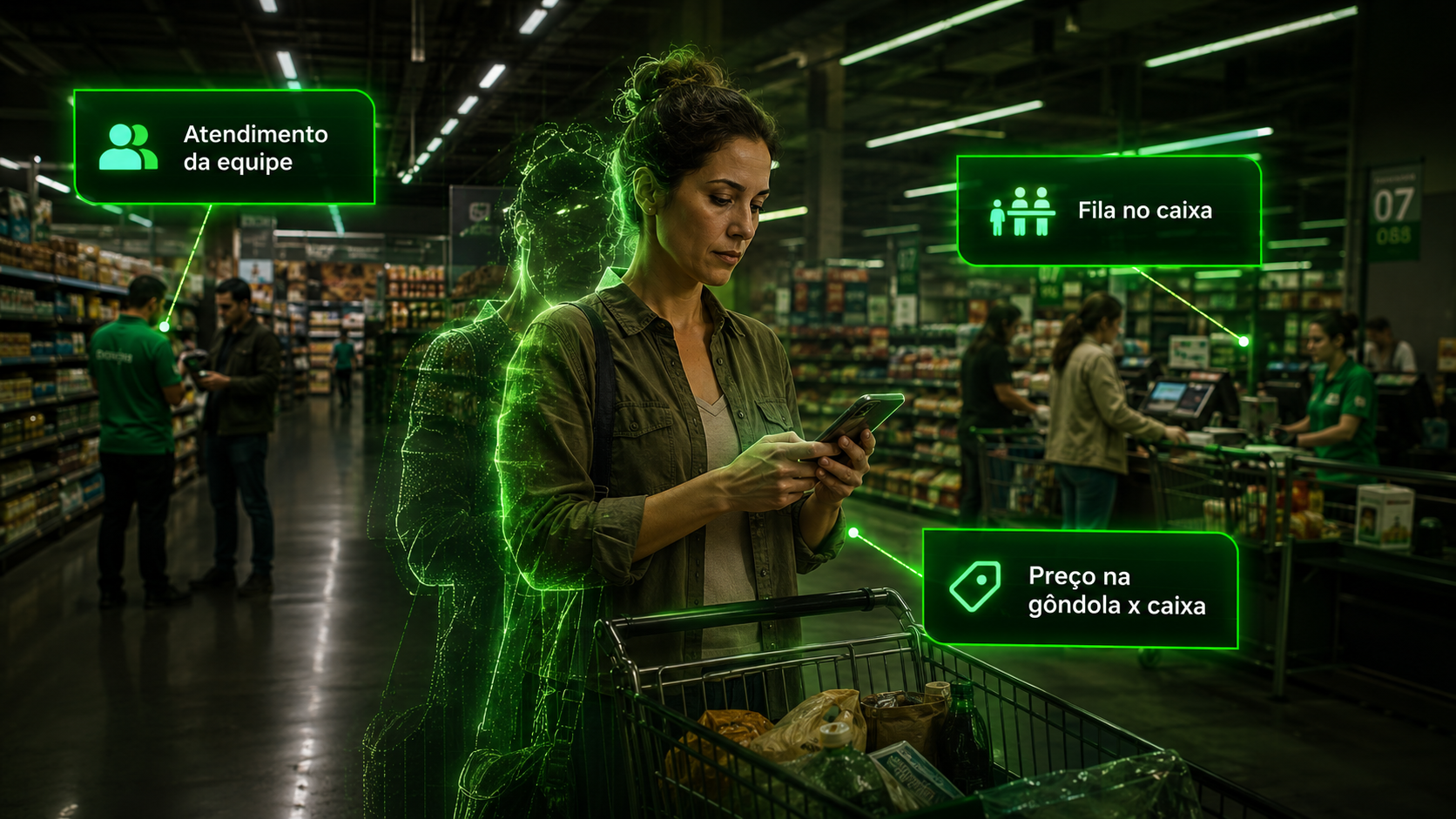 Cliente oculto avaliando pontos de atendimento em supermercado com apoio da Observall