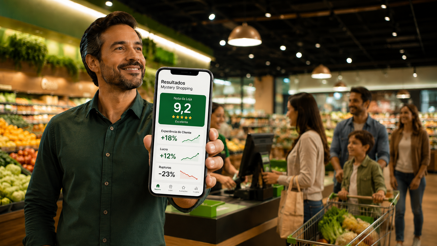 Gestor acompanhando resultados de cliente oculto em supermercado